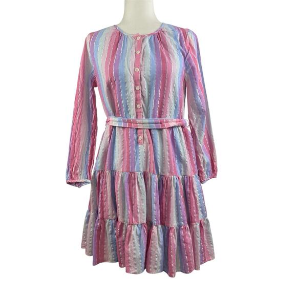 J Crew Veda Pastel Stripe Metallic Thread 100% Cotton Belted Dress Small Pockets - Picture 2 of 13